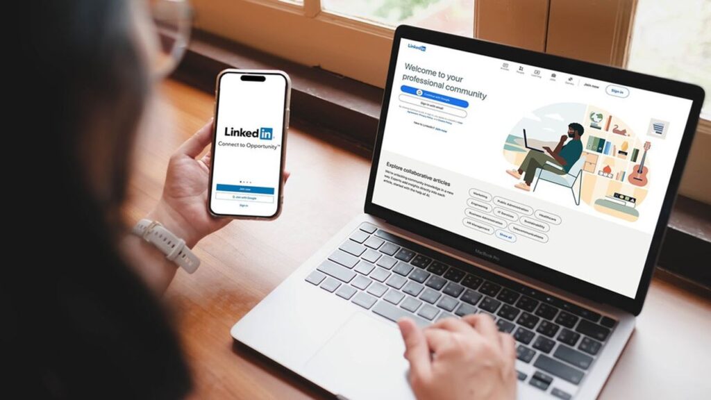 LinkedIn profile displayed on a laptop and smartphone